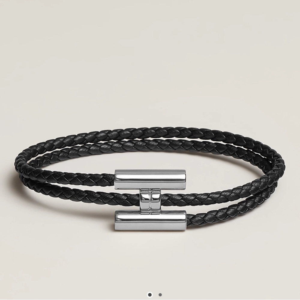 Hermes Black Braided Bracelet with Silver Clasp Hermes Logo